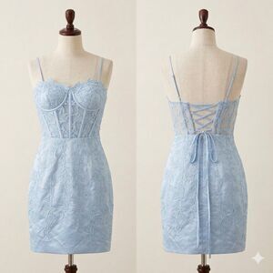 Light Blue Lace up sheer CORSET Mini Dress Fairycore Coquette Hoco PROM XS 0 - 2